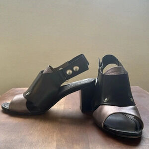 ANYI LU Handmade Italy Black & silver Metallic Leather Heel Size 8.5 slingback